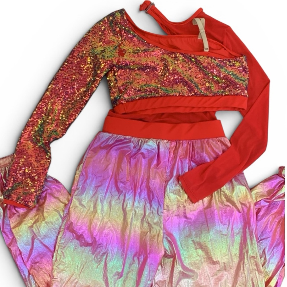 3 Pc Dance Costume Set Adult Small Sequin Top Red Fringe Shorts IridescentPants